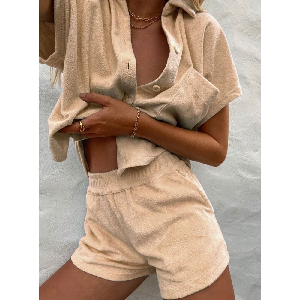 Araminta James Terry Shirt in Biscuit XSmall Womens Button Down Blouse Top